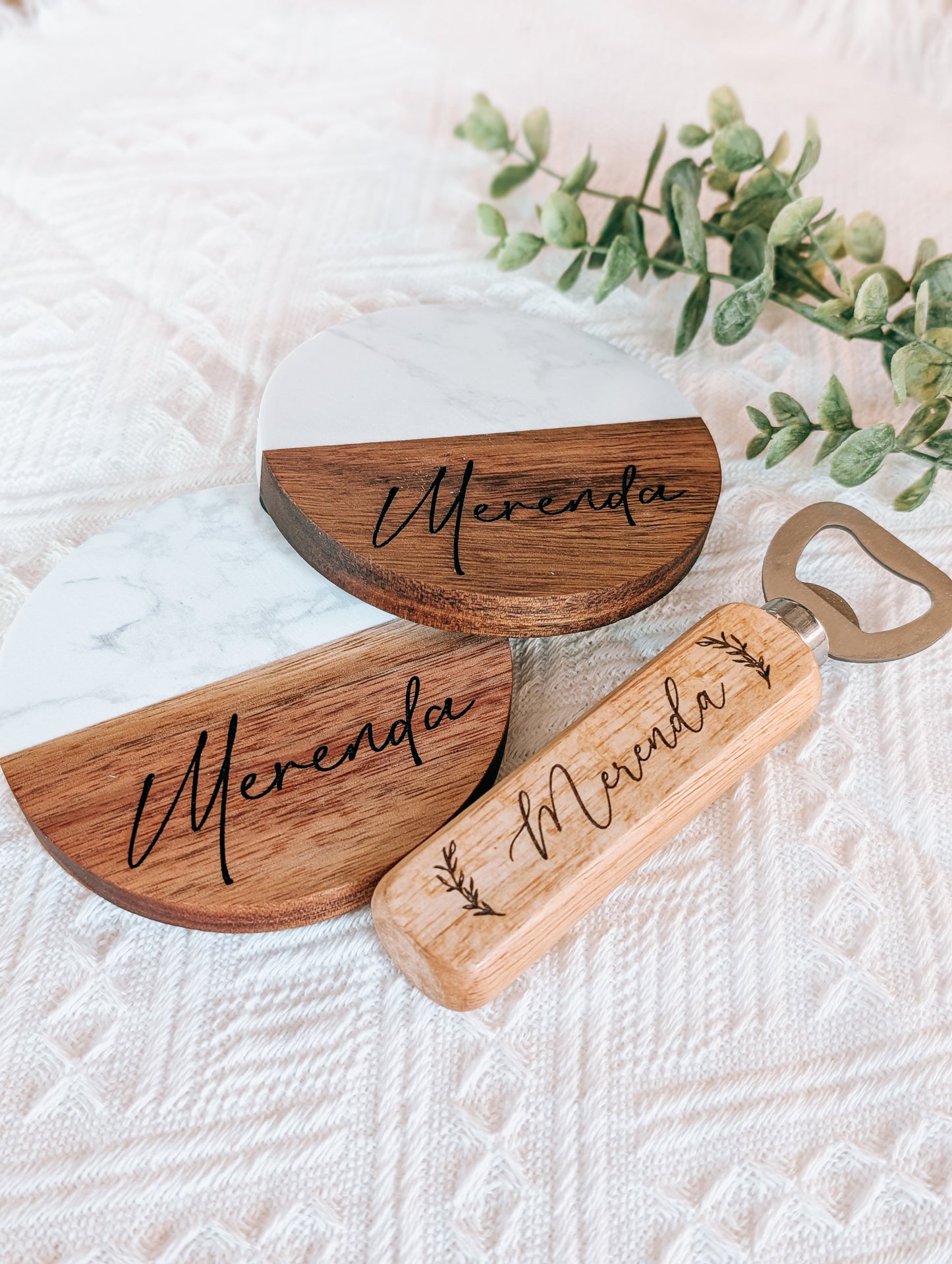 Personalized Wood Acacia Coaster with Bottle Opener Bundle