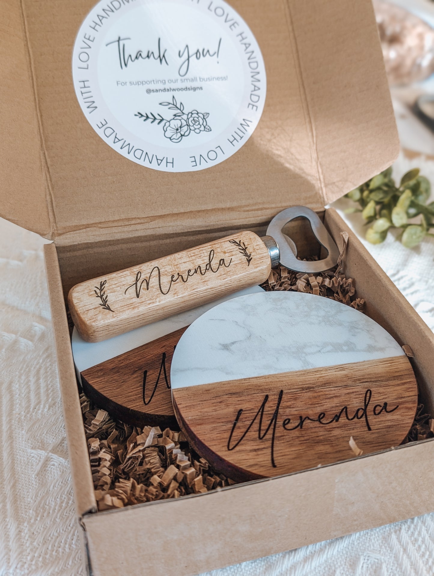Personalized Wood Acacia Coaster with Bottle Opener Bundle